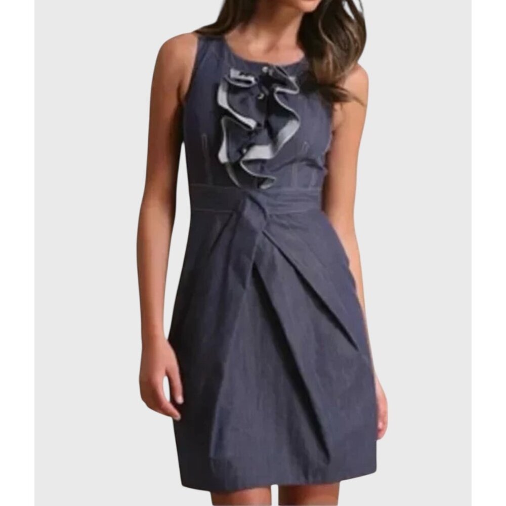 Karen Millen Womens Blue Denim Chambray Sleeveless Dress Ruffle Front size 4